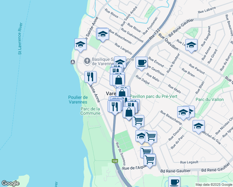 map of restaurants, bars, coffee shops, grocery stores, and more near 1604 Route Marie-Victorin in Varennes