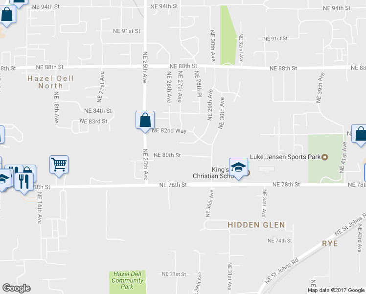 map of restaurants, bars, coffee shops, grocery stores, and more near 2709 Northeast 82nd Circle in Vancouver