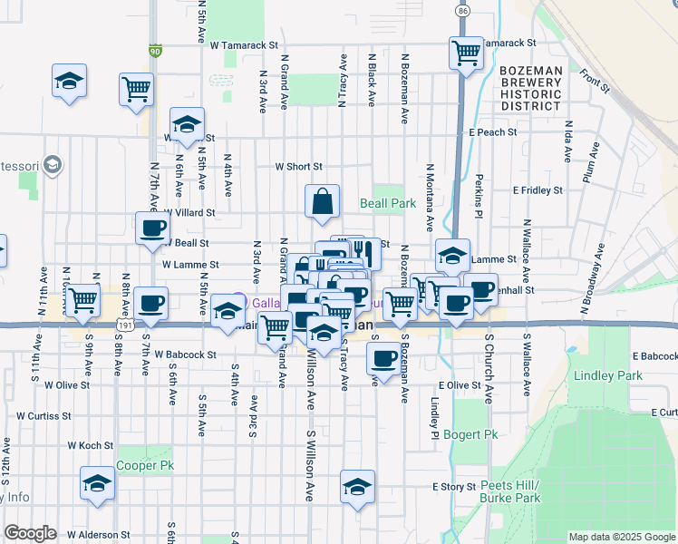 map of restaurants, bars, coffee shops, grocery stores, and more near 119 North Tracy Avenue in Bozeman