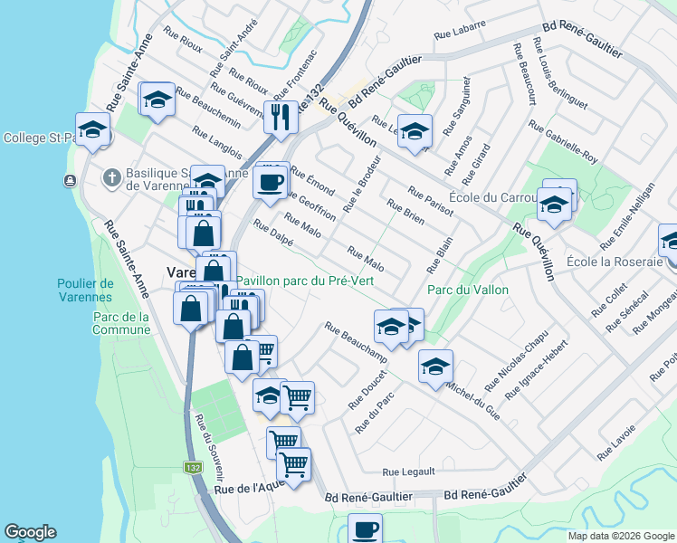 map of restaurants, bars, coffee shops, grocery stores, and more near 166 Rue Dalpé in Varennes