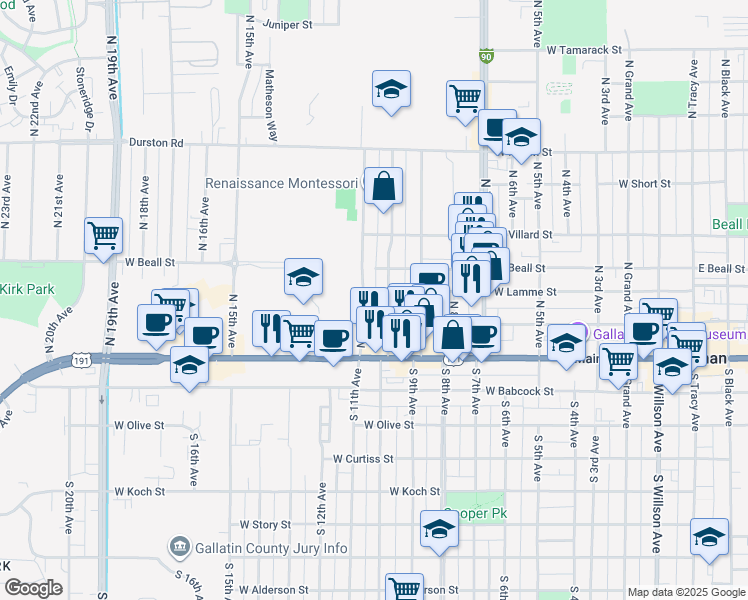 map of restaurants, bars, coffee shops, grocery stores, and more near 116 North 11th Avenue in Bozeman