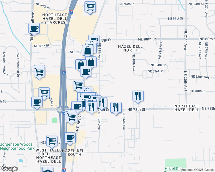 map of restaurants, bars, coffee shops, grocery stores, and more near 8101 Northeast 13th Avenue in Vancouver