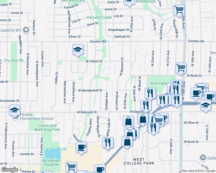 map of restaurants, bars, coffee shops, grocery stores, and more near 106 Sunlight Avenue in Bozeman