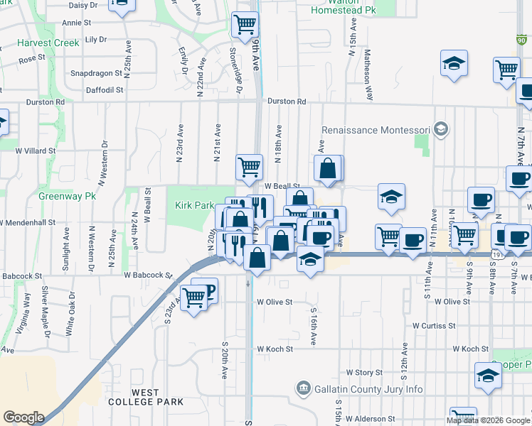 map of restaurants, bars, coffee shops, grocery stores, and more near 120 North 19th Avenue in Bozeman