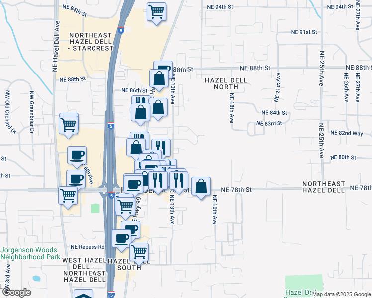 map of restaurants, bars, coffee shops, grocery stores, and more near 8101 Northeast 13th Avenue in Vancouver