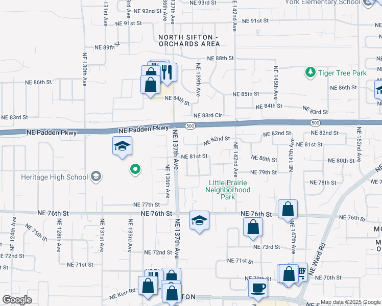 map of restaurants, bars, coffee shops, grocery stores, and more near 13804 NE 81st St in Vancouver