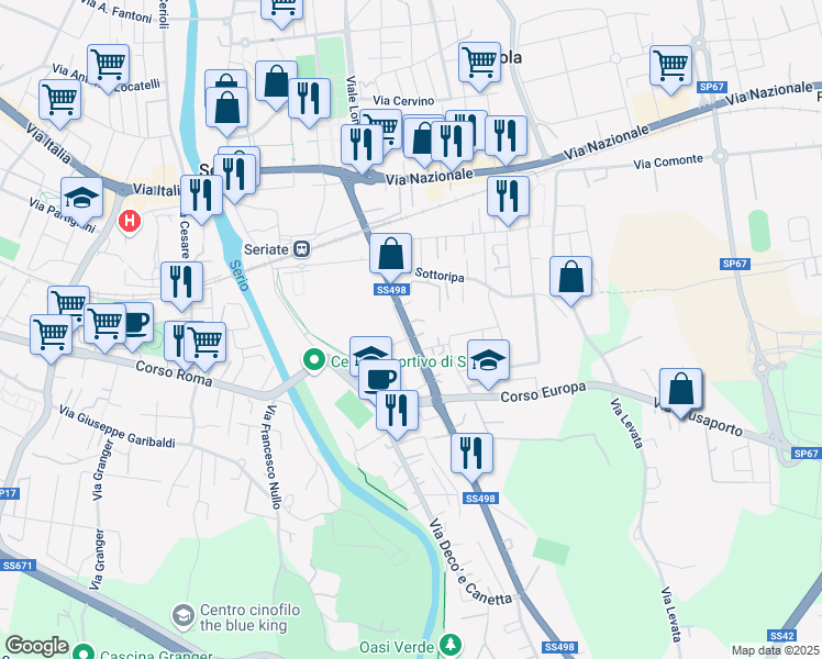 map of restaurants, bars, coffee shops, grocery stores, and more near 51C Via Guglielmo Marconi in Seriate