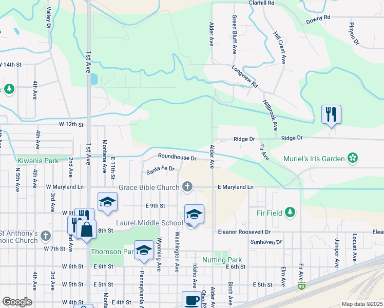 map of restaurants, bars, coffee shops, grocery stores, and more near 607 Roundhouse Drive in Laurel