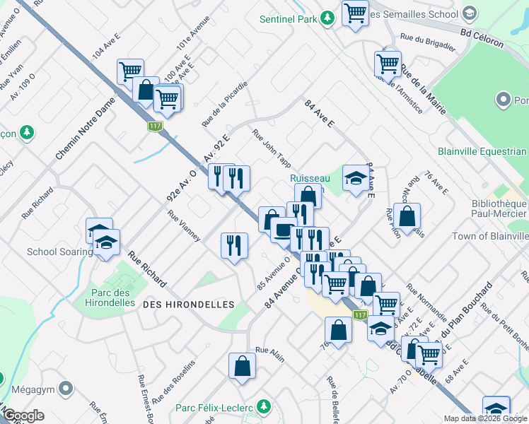 map of restaurants, bars, coffee shops, grocery stores, and more near 1160 Boulevard Curé-Labelle in Blainville