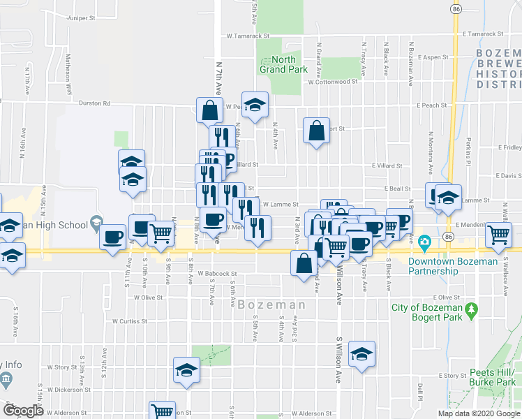 map of restaurants, bars, coffee shops, grocery stores, and more near 422 West Lamme Street in Bozeman