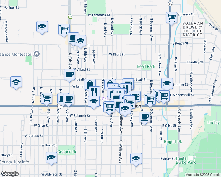 map of restaurants, bars, coffee shops, grocery stores, and more near 121 North Grand Avenue in Bozeman