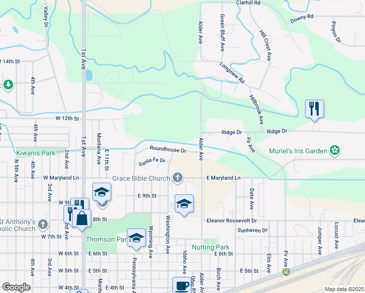 map of restaurants, bars, coffee shops, grocery stores, and more near 607 Roundhouse Drive in Laurel