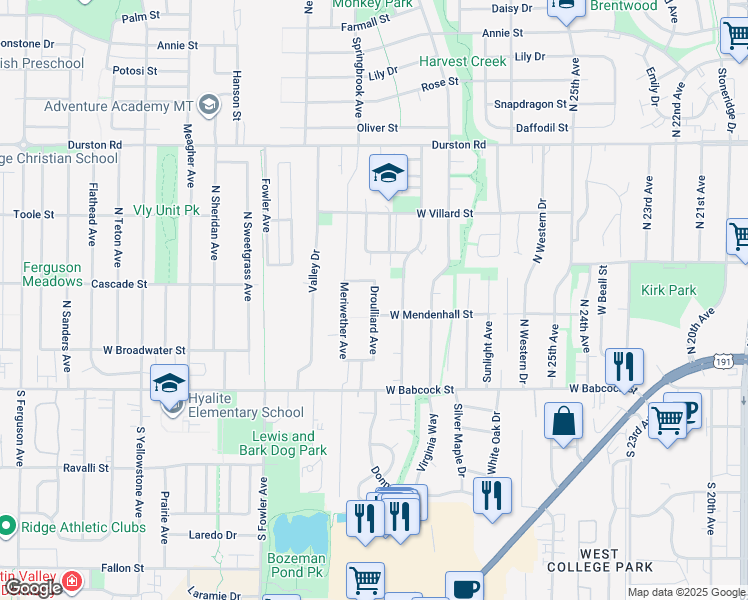 map of restaurants, bars, coffee shops, grocery stores, and more near 128 Droulliard Avenue in Bozeman