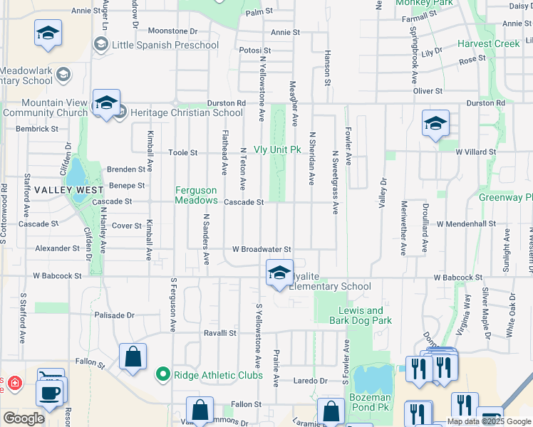 map of restaurants, bars, coffee shops, grocery stores, and more near 111 North Yellowstone Avenue in Bozeman