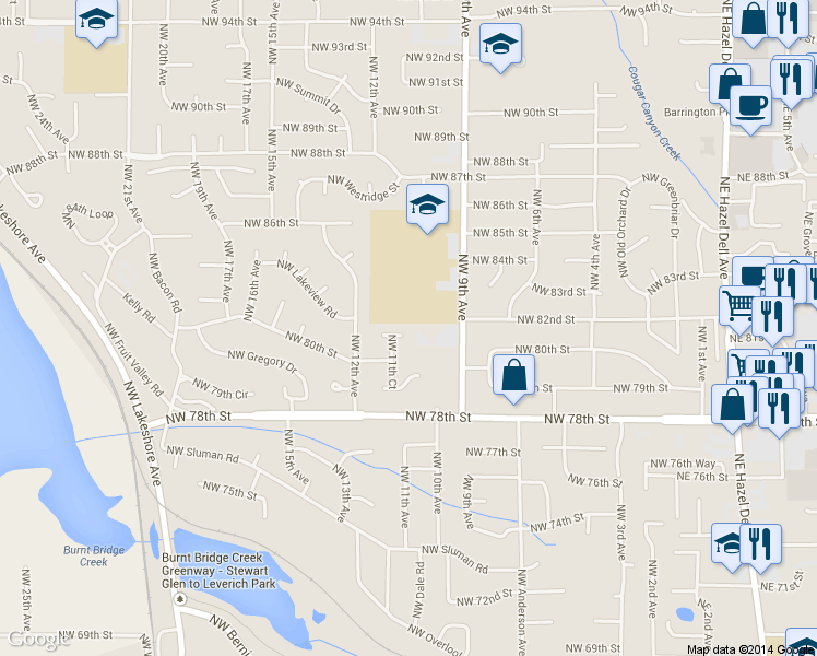map of restaurants, bars, coffee shops, grocery stores, and more near 1010 Northwest 81st Circle in Vancouver