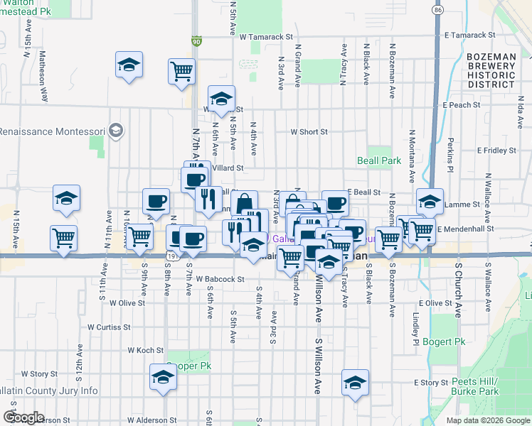 map of restaurants, bars, coffee shops, grocery stores, and more near 312 West Lamme Street in Bozeman