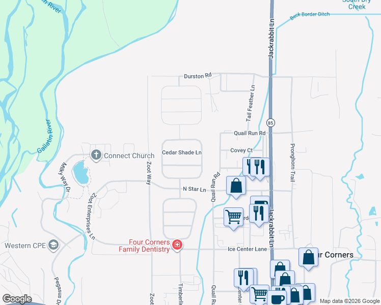 map of restaurants, bars, coffee shops, grocery stores, and more near 12 Cedar Shade Lane in Bozeman