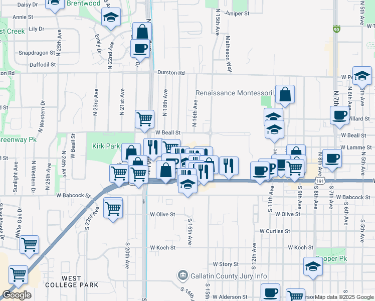 map of restaurants, bars, coffee shops, grocery stores, and more near 1608 West Beall Street in Bozeman