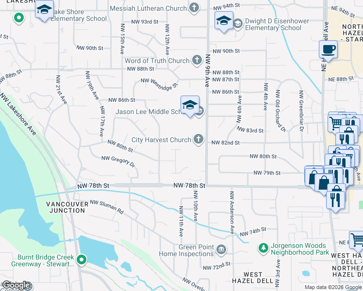 map of restaurants, bars, coffee shops, grocery stores, and more near 1010 Northwest 81st Circle in Vancouver