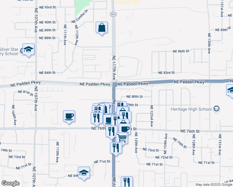 map of restaurants, bars, coffee shops, grocery stores, and more near 11800 Northeast 80th Street in Vancouver