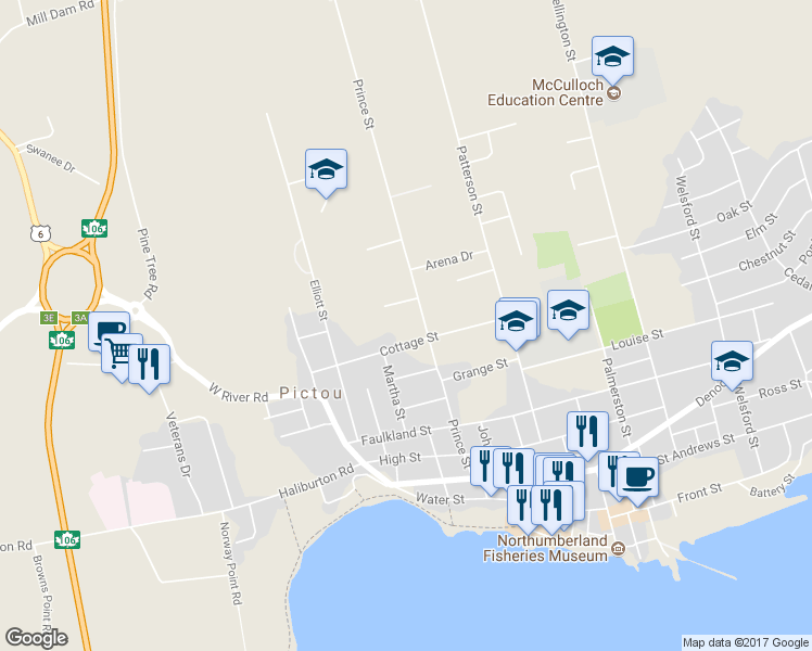 map of restaurants, bars, coffee shops, grocery stores, and more near 92 Cottage Street in Pictou