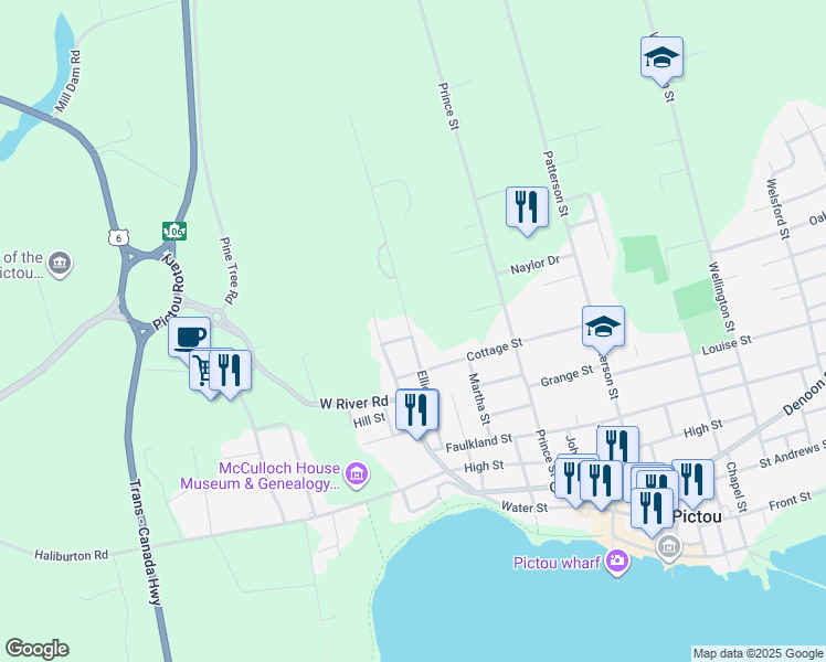 map of restaurants, bars, coffee shops, grocery stores, and more near 1 Elliott Street in Pictou