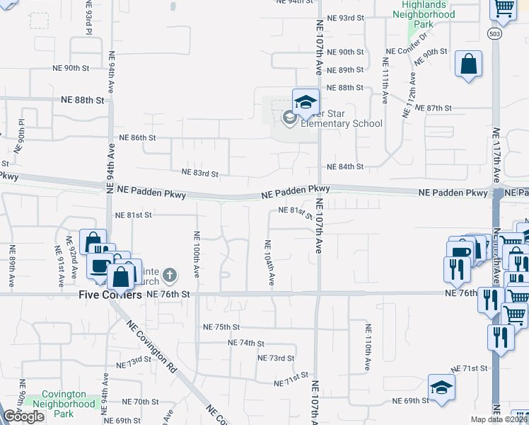 map of restaurants, bars, coffee shops, grocery stores, and more near 8018 Northeast 104th Avenue in Vancouver
