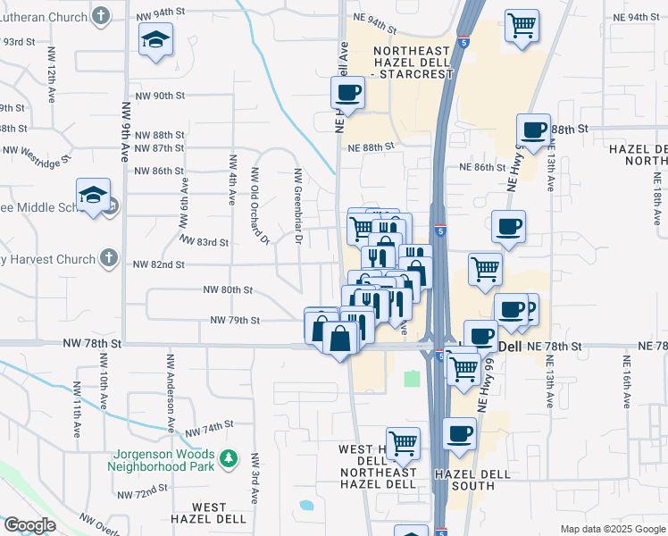 map of restaurants, bars, coffee shops, grocery stores, and more near 8105 Northwest 1st Avenue in Vancouver