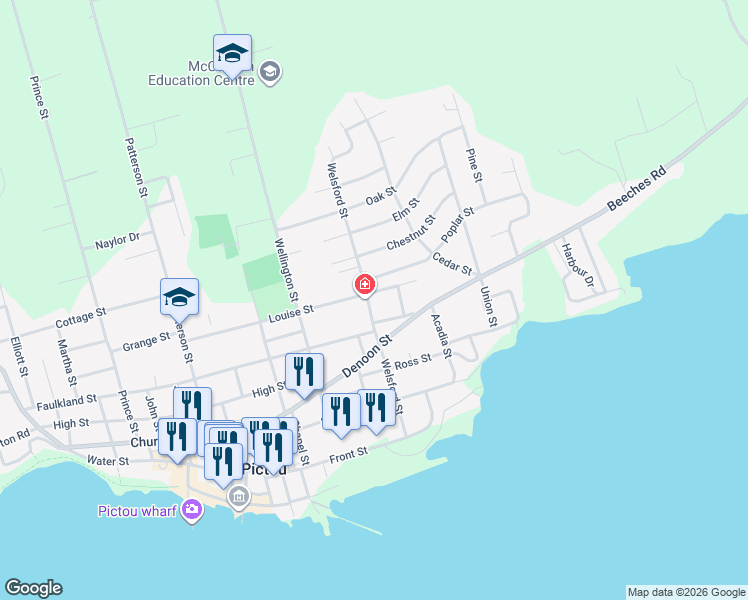 map of restaurants, bars, coffee shops, grocery stores, and more near 222 Welsford Street in Pictou