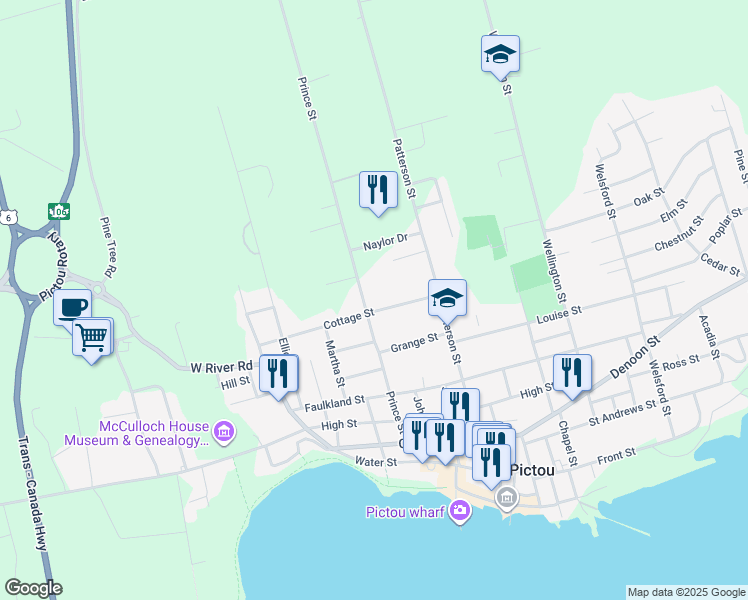 map of restaurants, bars, coffee shops, grocery stores, and more near 68 Cottage Street in Pictou