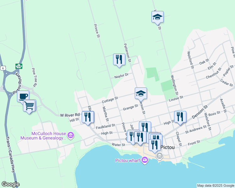 map of restaurants, bars, coffee shops, grocery stores, and more near 68 Cottage Street in Pictou