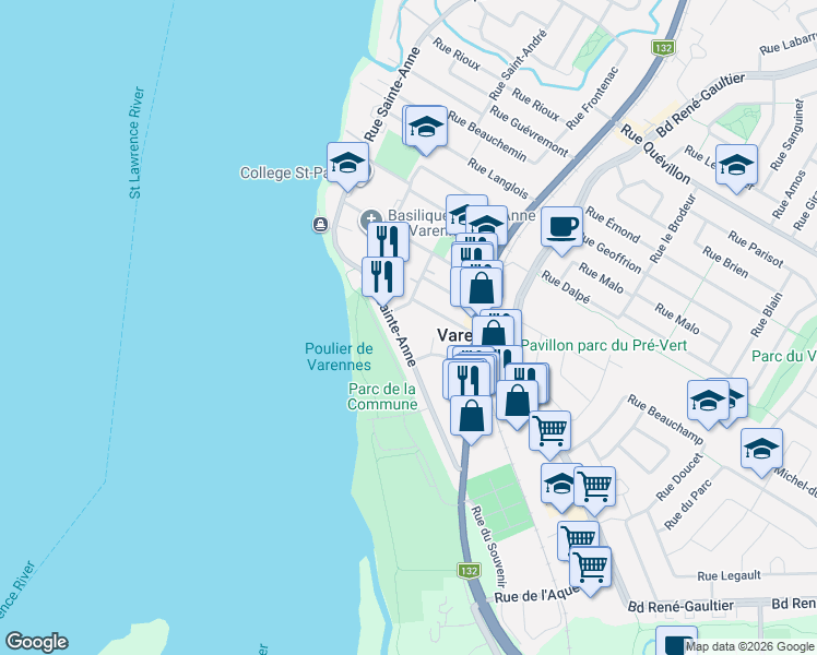 map of restaurants, bars, coffee shops, grocery stores, and more near 128 Rue Sainte-Anne in Varennes
