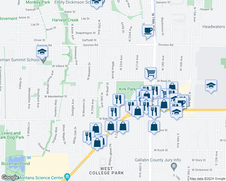 map of restaurants, bars, coffee shops, grocery stores, and more near 2316 West Beall Street in Bozeman