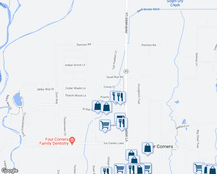 map of restaurants, bars, coffee shops, grocery stores, and more near 45 Covey Court in Bozeman