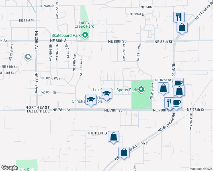 map of restaurants, bars, coffee shops, grocery stores, and more near 3407 Northeast 82nd Street in Vancouver