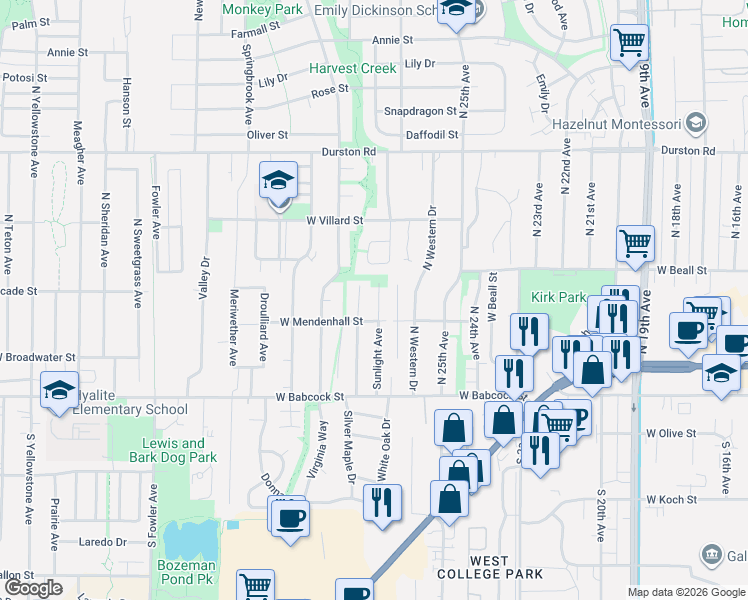 map of restaurants, bars, coffee shops, grocery stores, and more near 106 Sunlight Avenue in Bozeman