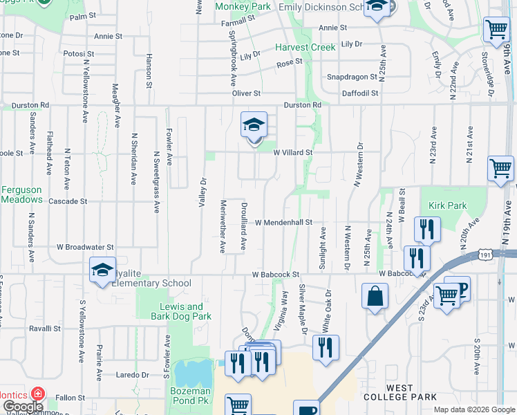 map of restaurants, bars, coffee shops, grocery stores, and more near 128 Droulliard Avenue in Bozeman