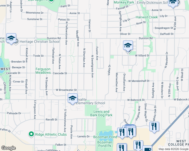 map of restaurants, bars, coffee shops, grocery stores, and more near 127 North Sweetgrass Avenue in Bozeman