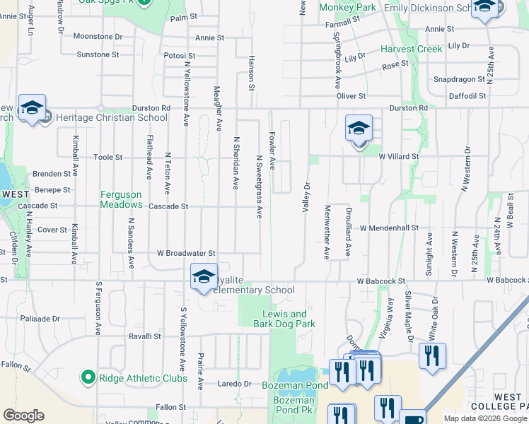 map of restaurants, bars, coffee shops, grocery stores, and more near 127 North Sweetgrass Avenue in Bozeman