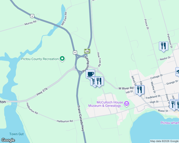 map of restaurants, bars, coffee shops, grocery stores, and more near 49 Pine Tree Road in Pictou