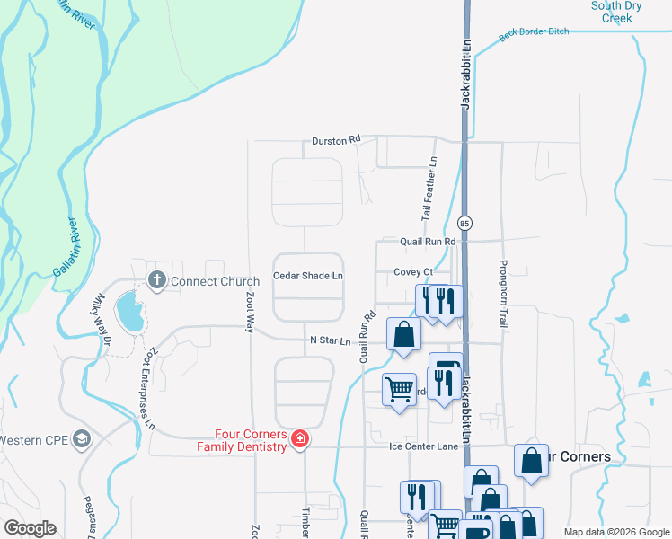 map of restaurants, bars, coffee shops, grocery stores, and more near 12 Cedar Shade Lane in Bozeman