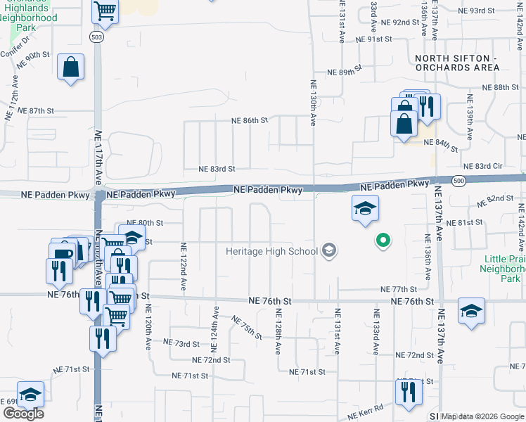 map of restaurants, bars, coffee shops, grocery stores, and more near 8012 Northeast 127th Avenue in Vancouver