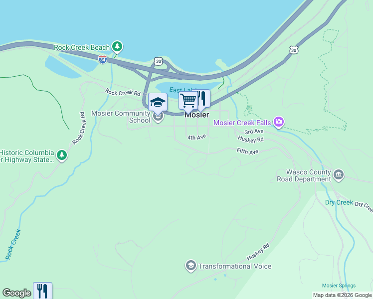 map of restaurants, bars, coffee shops, grocery stores, and more near 1015 Tanawashee Court in Mosier