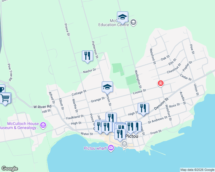 map of restaurants, bars, coffee shops, grocery stores, and more near 118 Patterson Street in Pictou