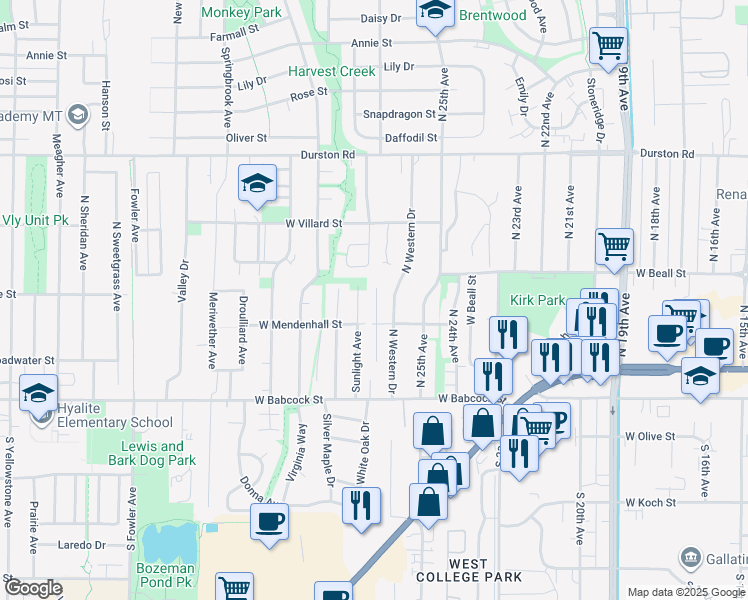 map of restaurants, bars, coffee shops, grocery stores, and more near 106 Sunlight Avenue in Bozeman
