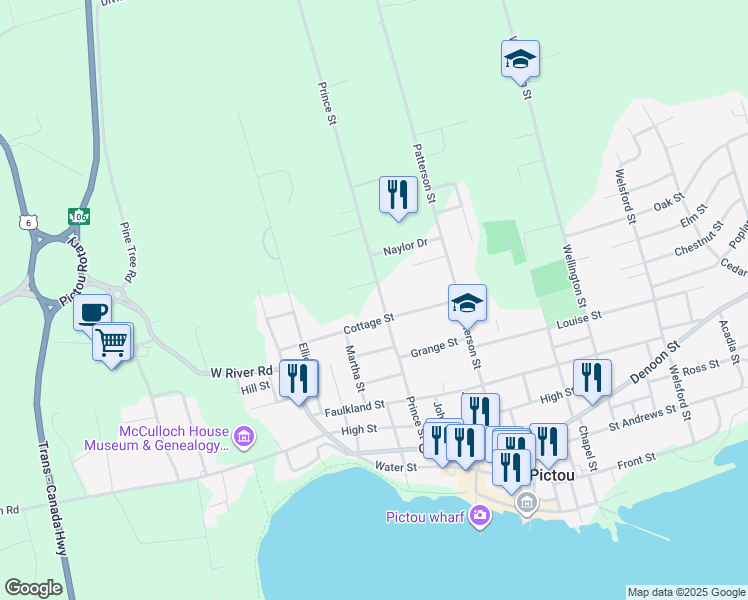 map of restaurants, bars, coffee shops, grocery stores, and more near 92 Cottage Street in Pictou