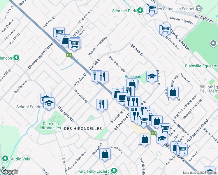 map of restaurants, bars, coffee shops, grocery stores, and more near 1176 Boulevard Curé-Labelle in Blainville