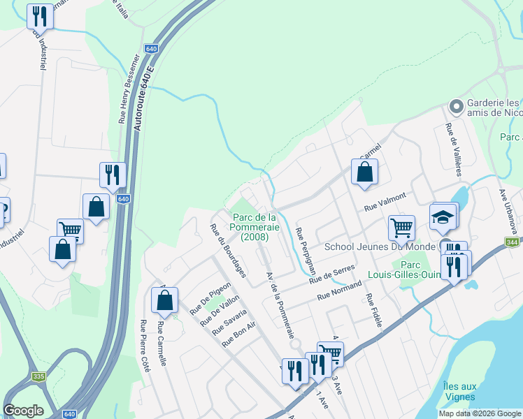 map of restaurants, bars, coffee shops, grocery stores, and more near 60 Rue de Toulon in Terrebonne