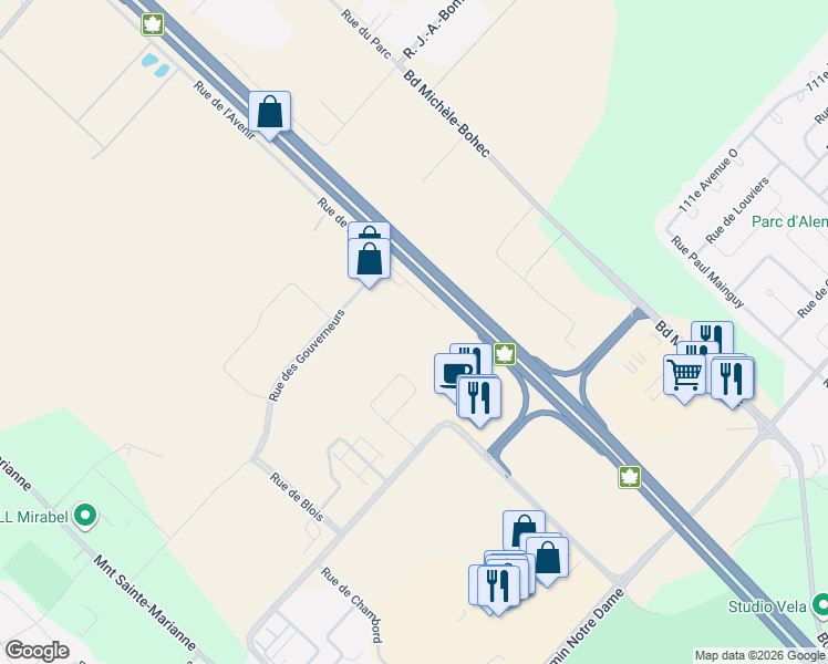 map of restaurants, bars, coffee shops, grocery stores, and more near 11900 Rue de l'Avenir in Mirabel
