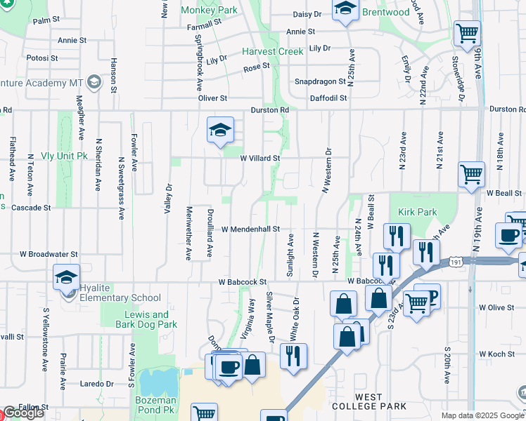 map of restaurants, bars, coffee shops, grocery stores, and more near 155 Gena Circle in Bozeman